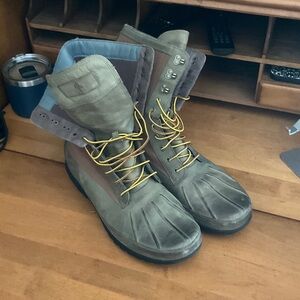 Cole Haan Olive and Brown Canvas and Leather Waterproof Lace-Up Boots